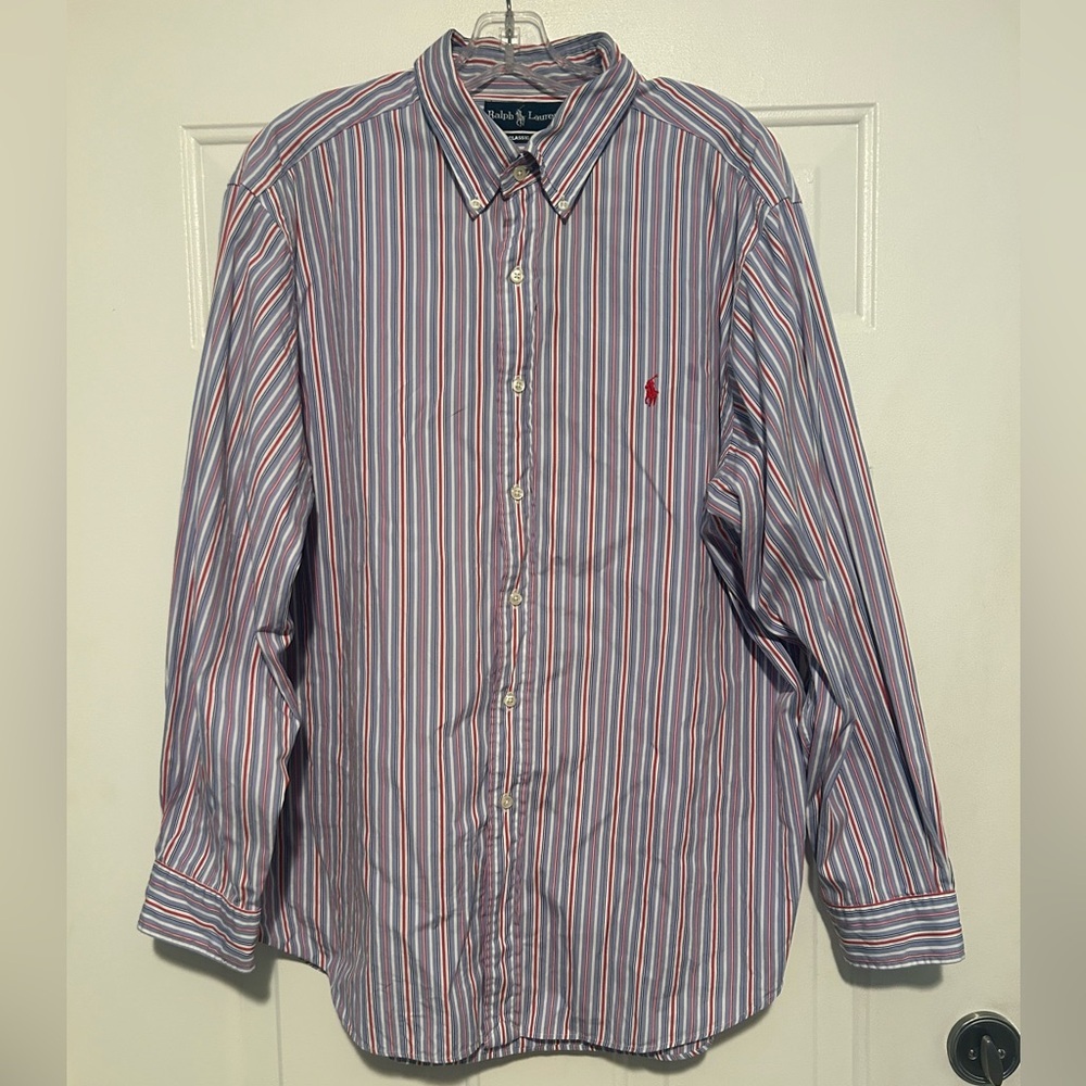 Ralph Lauren Shirt Mens XL Striped Blue Red Button Up Classic Fit Long Sleeve